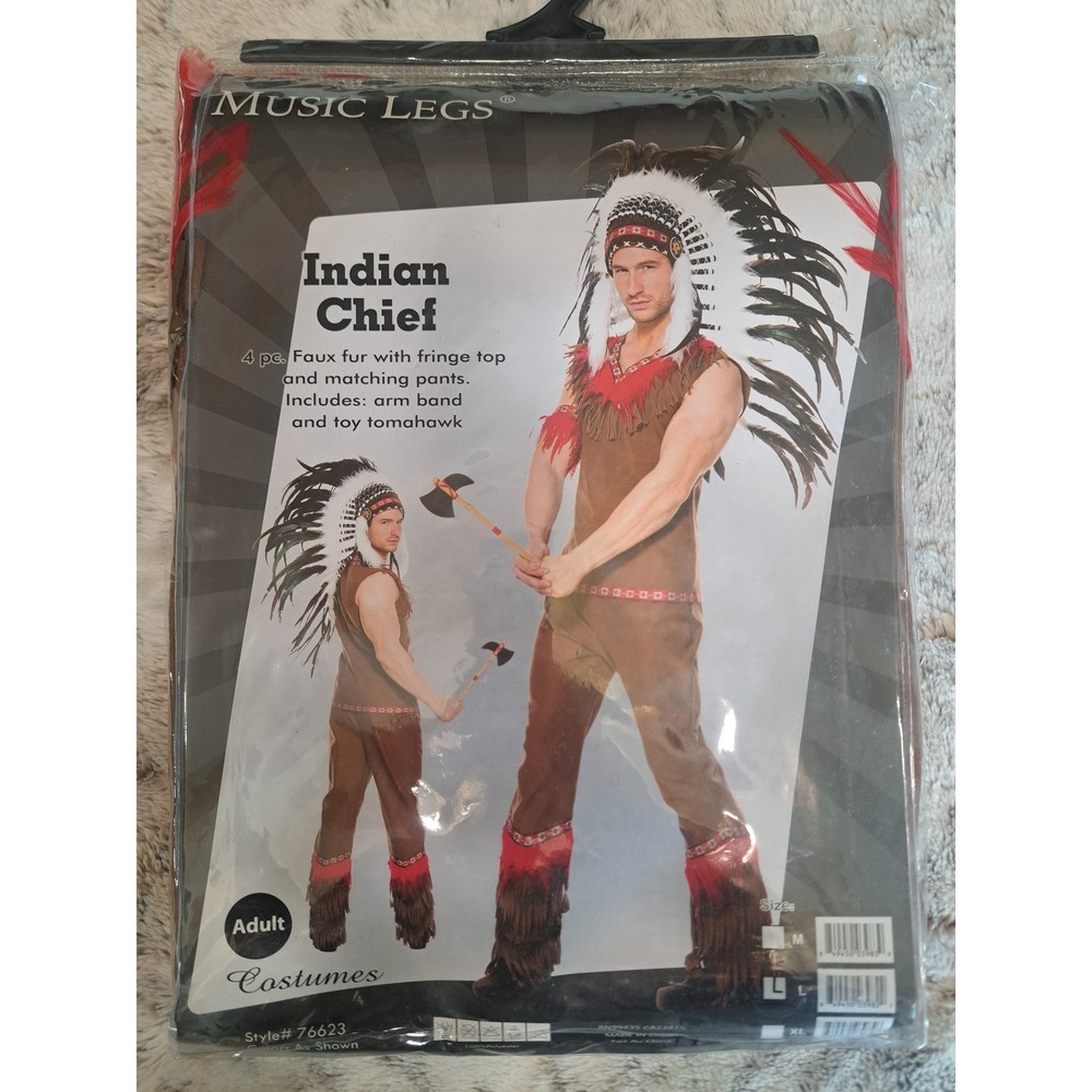 Music Legs Indian Chief 4pc Adult Costume Fringe Top Pants Tomahawk Size Large